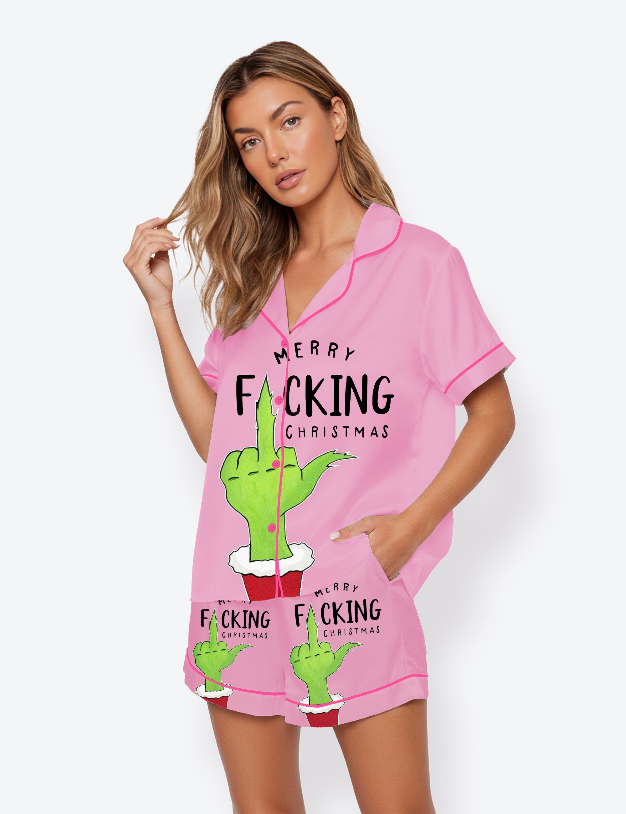 Women's Merry Grinch Pink Christmas Short Sleeve Satin Pajama Set